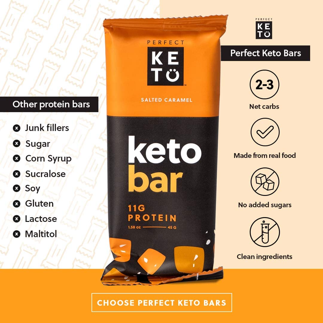 Perfect Keto Bars - Salted Caramel - 1 Bar: 3g Net Carbs, 19g Fat, 11g protein - Keto Diet Food Dessert