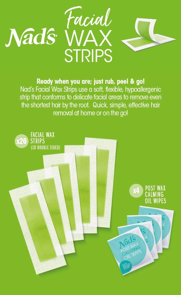 Nad's Facial Wax Strips + 4 Calming Oil Wipes Waxing Kit, 20 Count