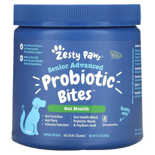 Zesty Paws Senior Advanced Probiotic Bites Gut Health for Dogs | Chicken Flavor | 90 Soft Chews - 12.7 fl oz  / 360 g