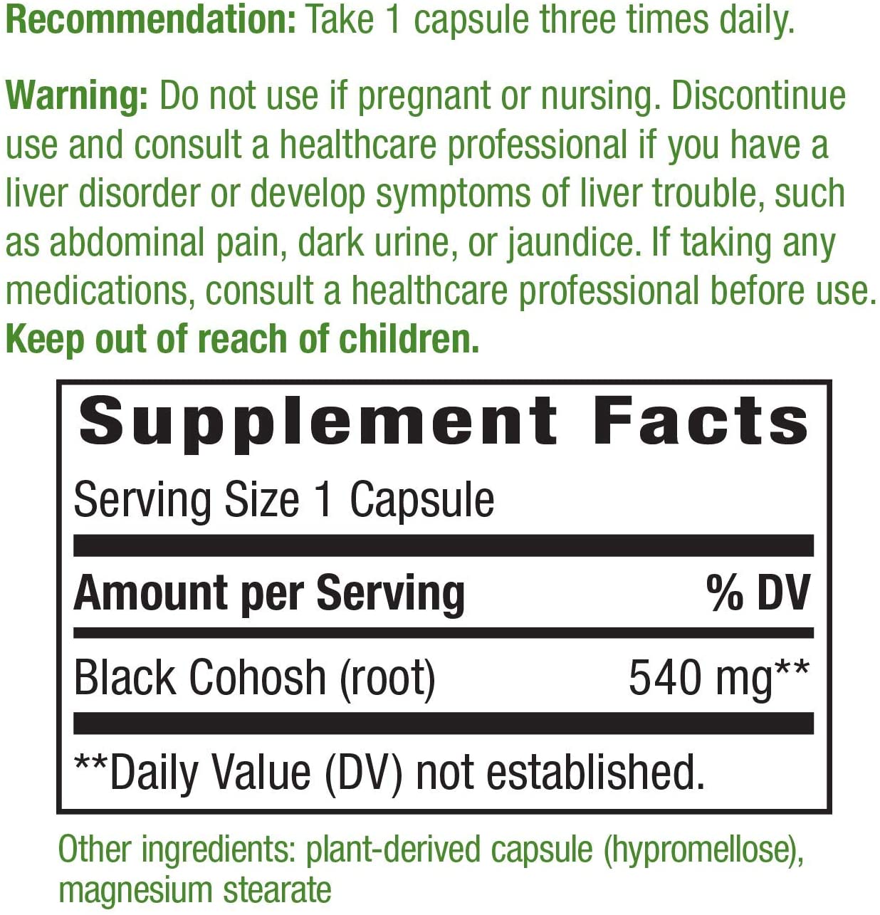 Nature's Way Black Cohosh Root 540 mg Per Serving, 180 Vegetarian Capsules