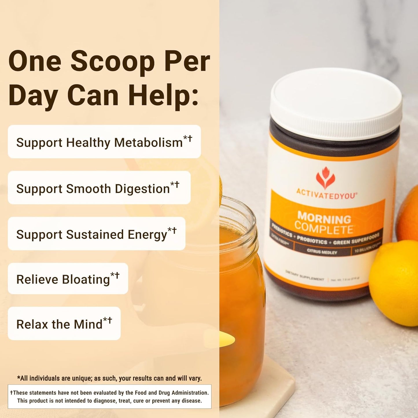 Activatedyou Morning Complete Prebiotics + Probiotics + Green Superfoods Dietary Supplement, 216 g / 7.6 oz