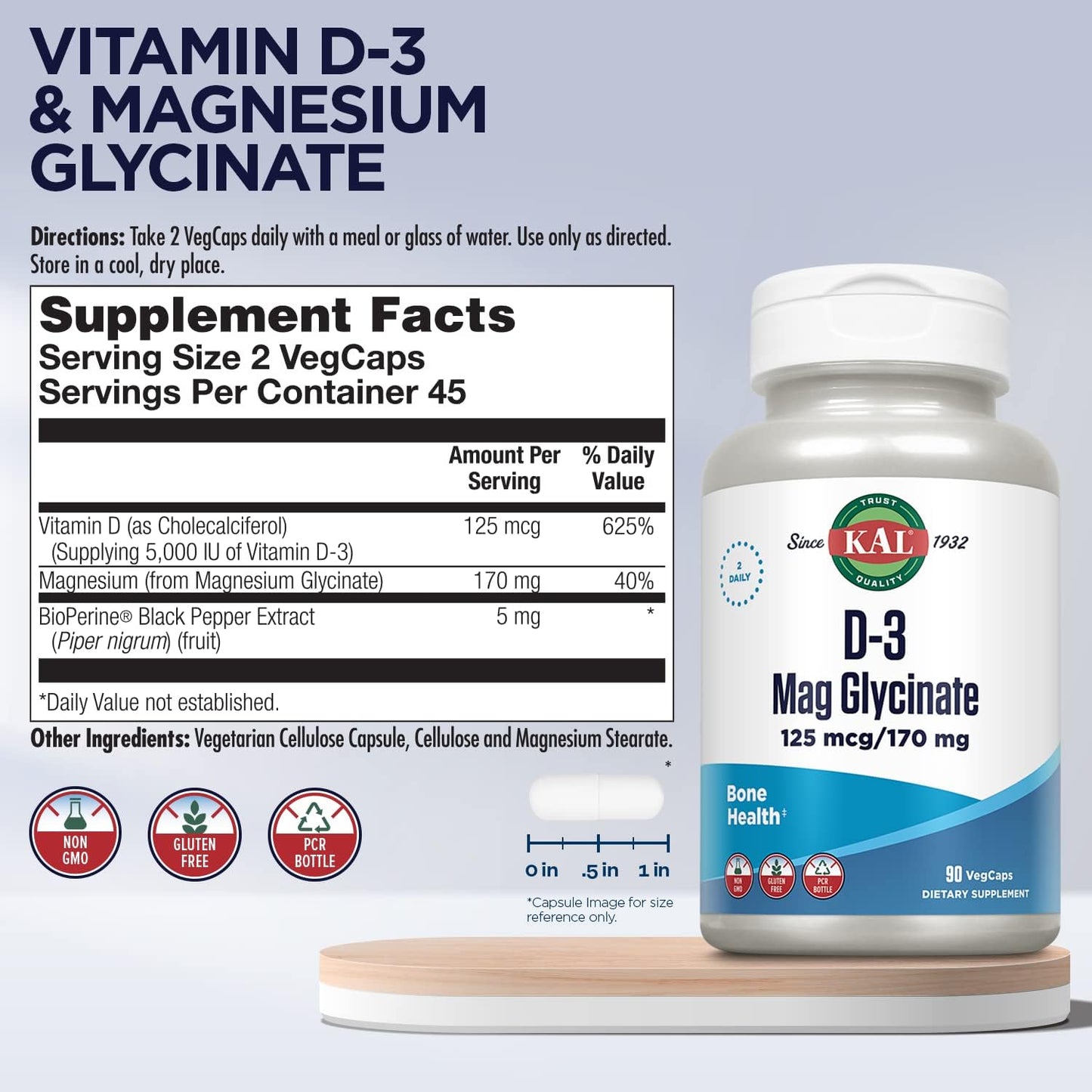KAL D-3 Mag Glycinate 125mcg Bone Health Supplement 90 Vegcaps