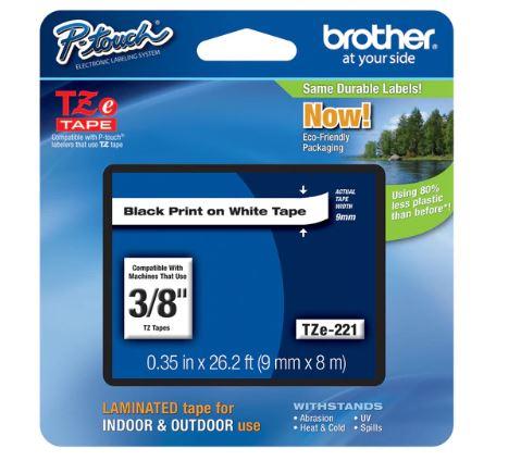 Brother P-touch 3/8-inch TZ Tapes, Black Print on White Tape, Printable Laminated Masking Tape, TZe-221 PACKAGING MAY VARY