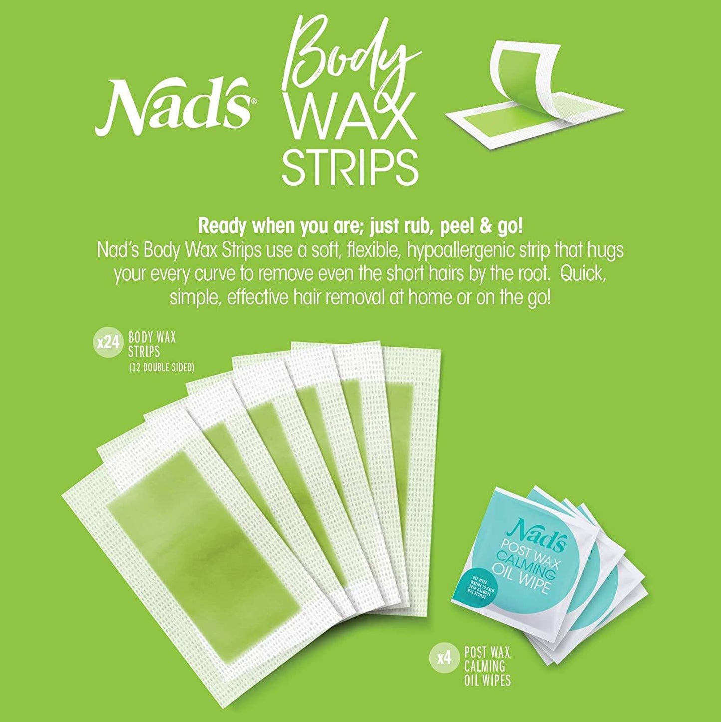 Nad's Body Wax Strips Hair Removal + 4 Calming Oil Wipes For Women, 24 Count