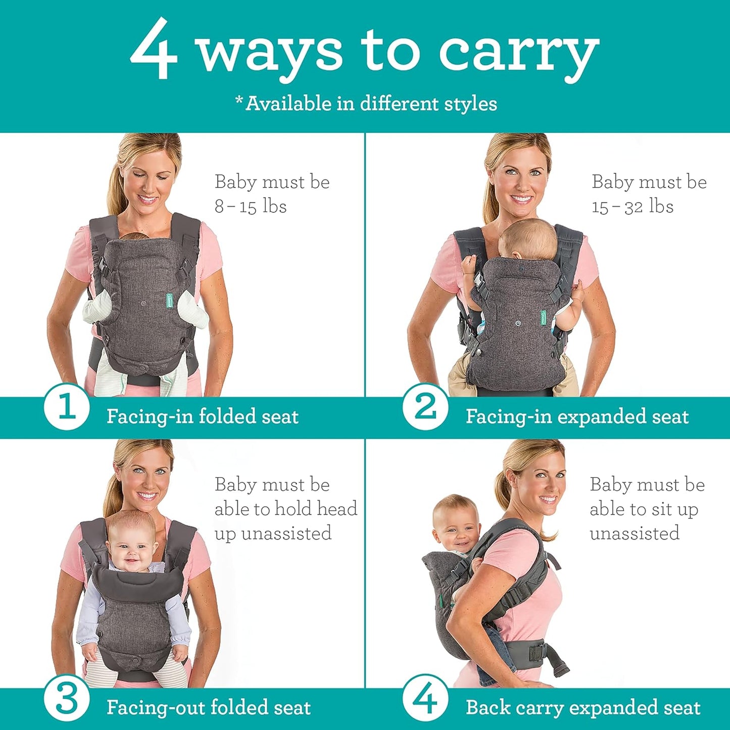 Infantino Flip Advanced 4-in-1 Carrier for Newborns And Older Babies 8-32 lbs