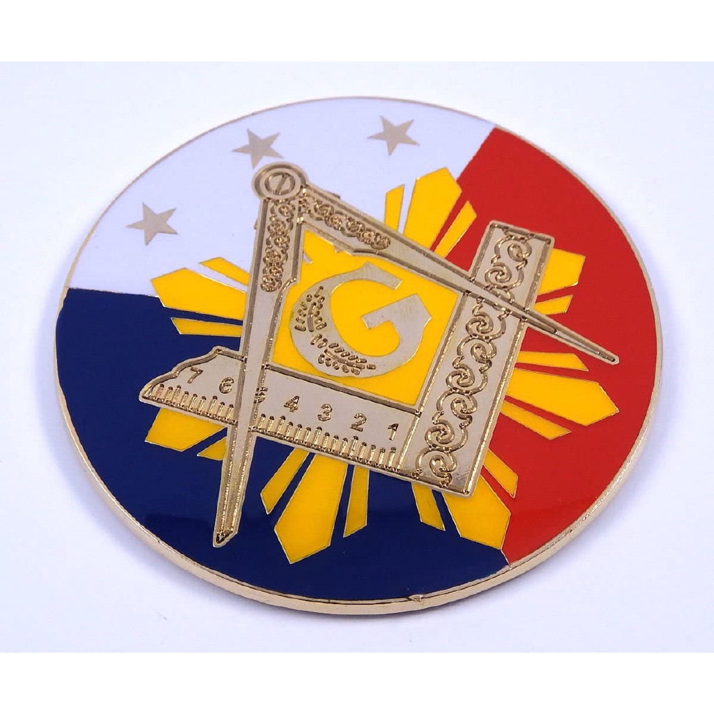 Mason Square & Compass Sun Round Red White Blue Masonic Auto Emblem 3" Diameter
