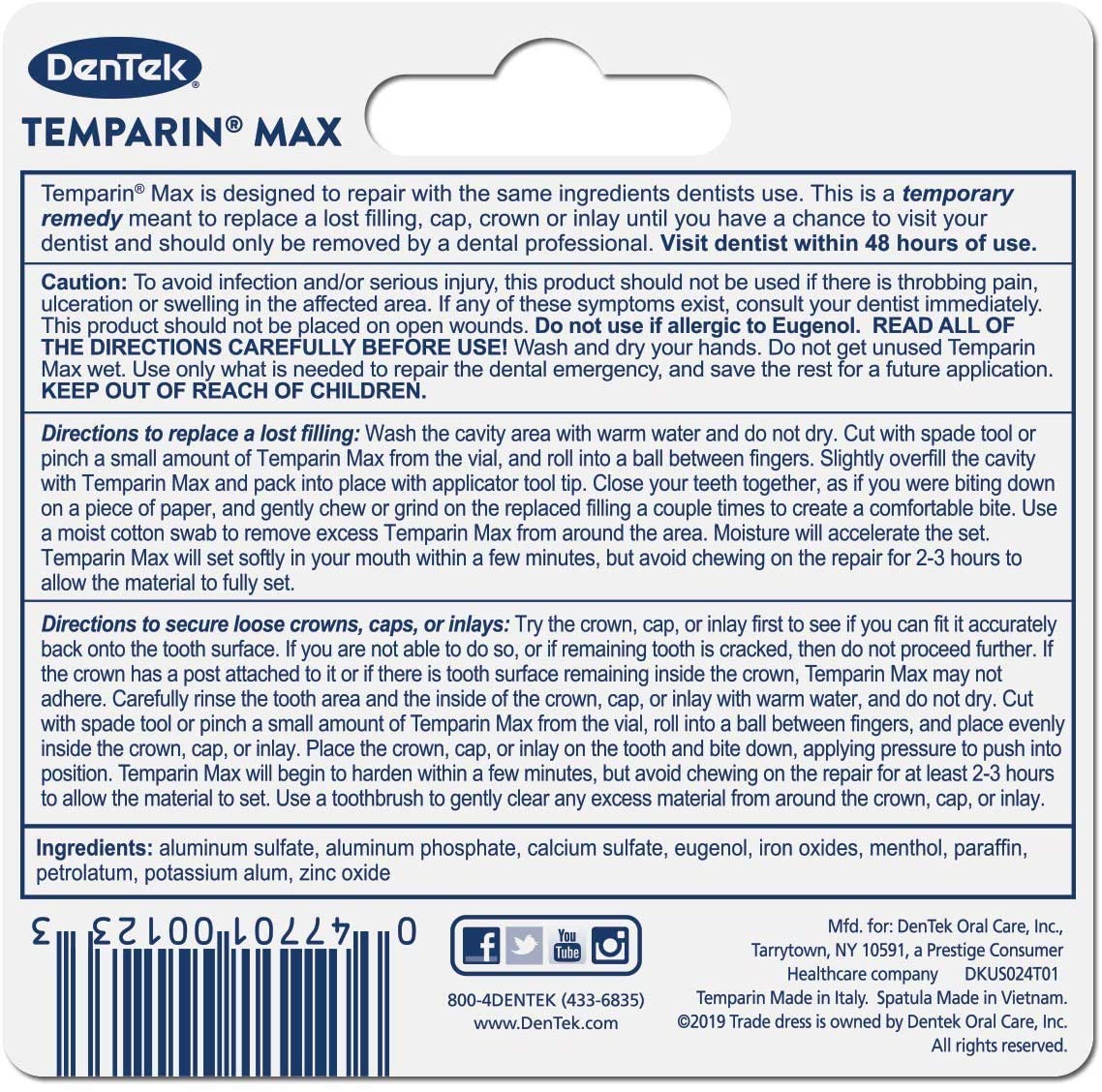 Dentek Temparin Max Repair Kit 13+ Repairs Maximum Hold, (0.09 oz. / 2.64g)