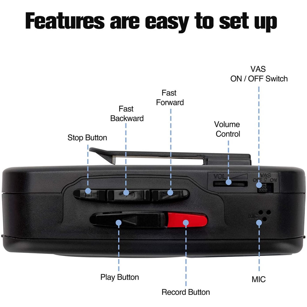Byron Statics Portable Cassette Player AM/FM Radio Recorder, 2AA Battery/USB Power Supply, Black
