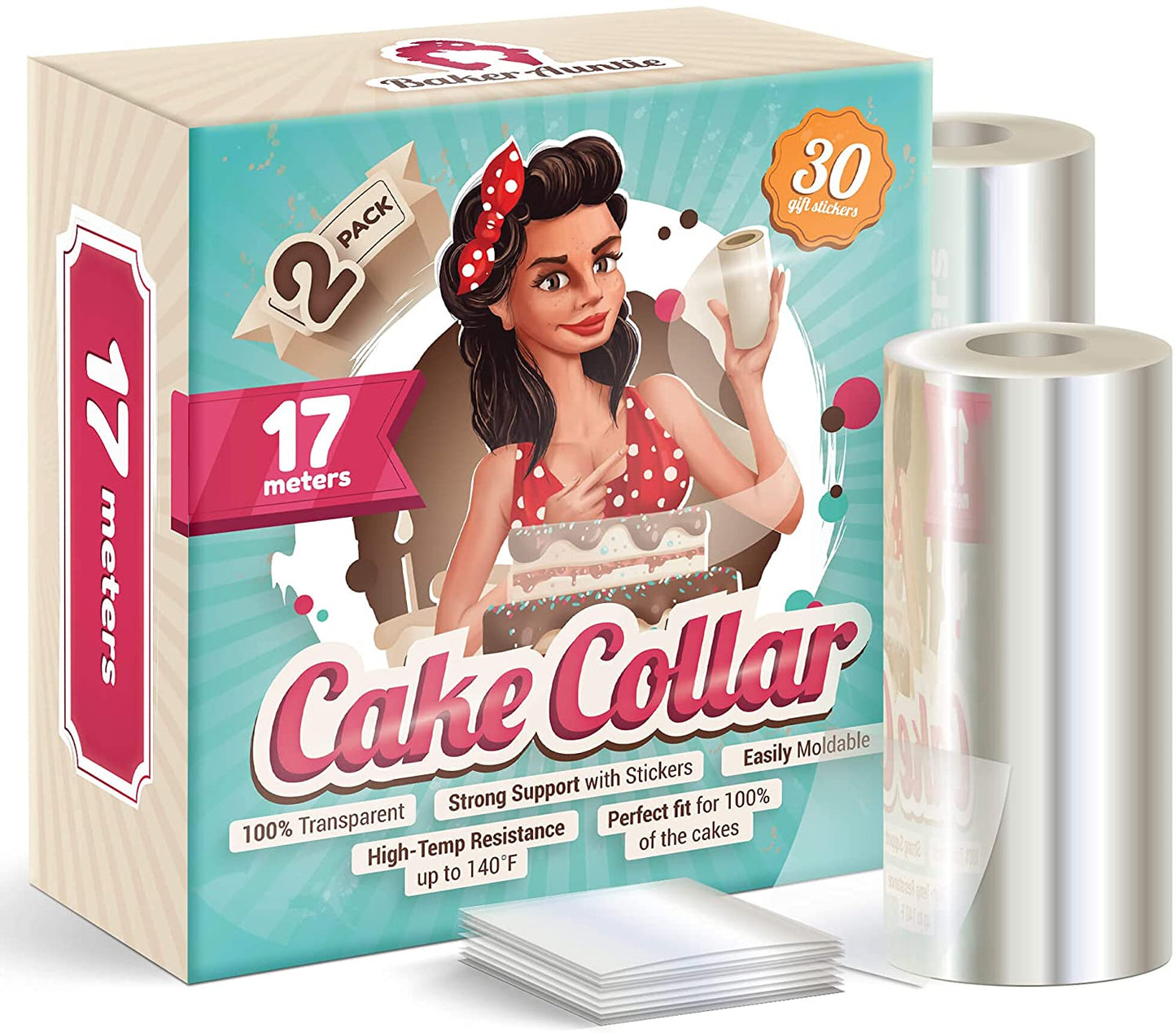 Baker Auntie 2 Pack Cake Collar Rolls 10 cm x 8.5 cm Clear Acetate Sheets for Baking, 30 Gift Stickers 17 Meters