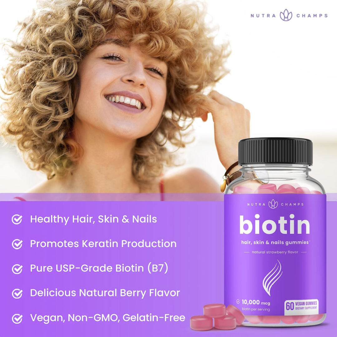 Nutra Champs Biotin Hair, Skin & Nails Gummies Natural Strawberry Flavor 60 Vegan Gummies