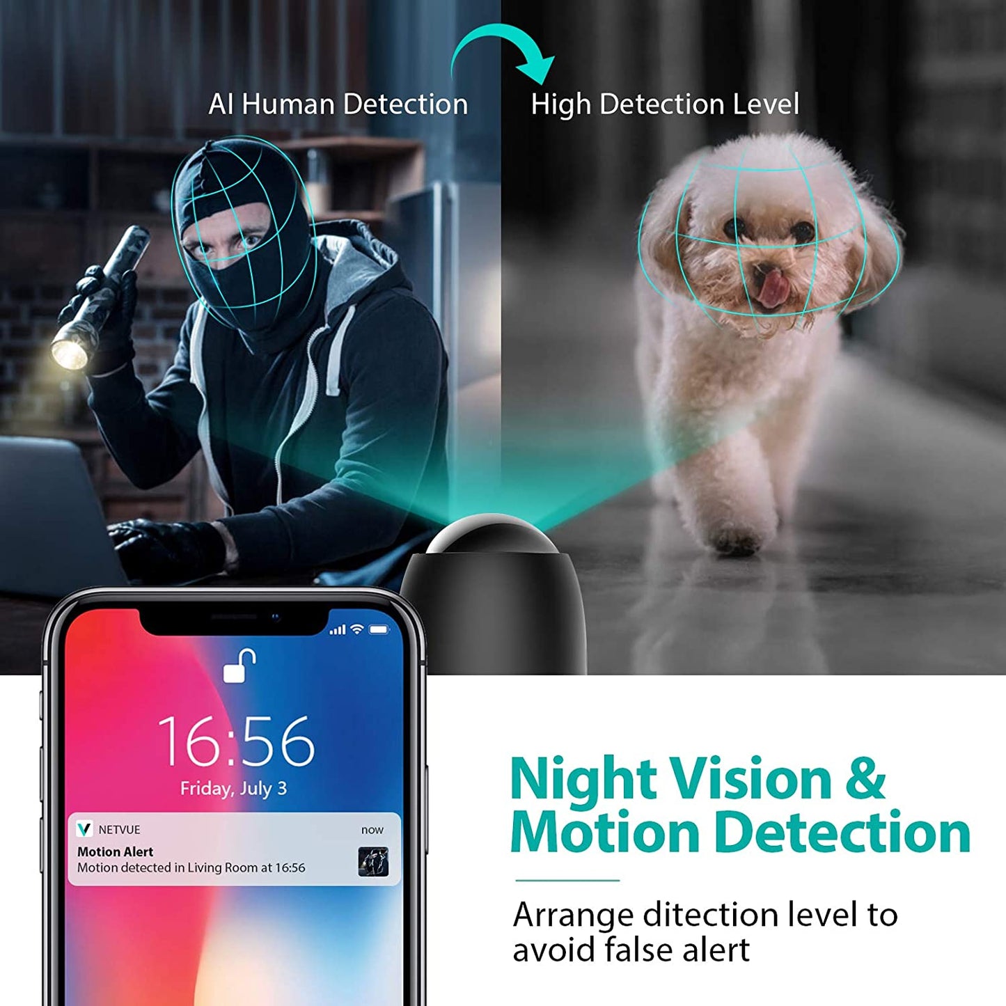 NETVUE Wireless Security Camera for Home 1080P FHD Pet Camera, 2-Way Audio, AI Human Detection