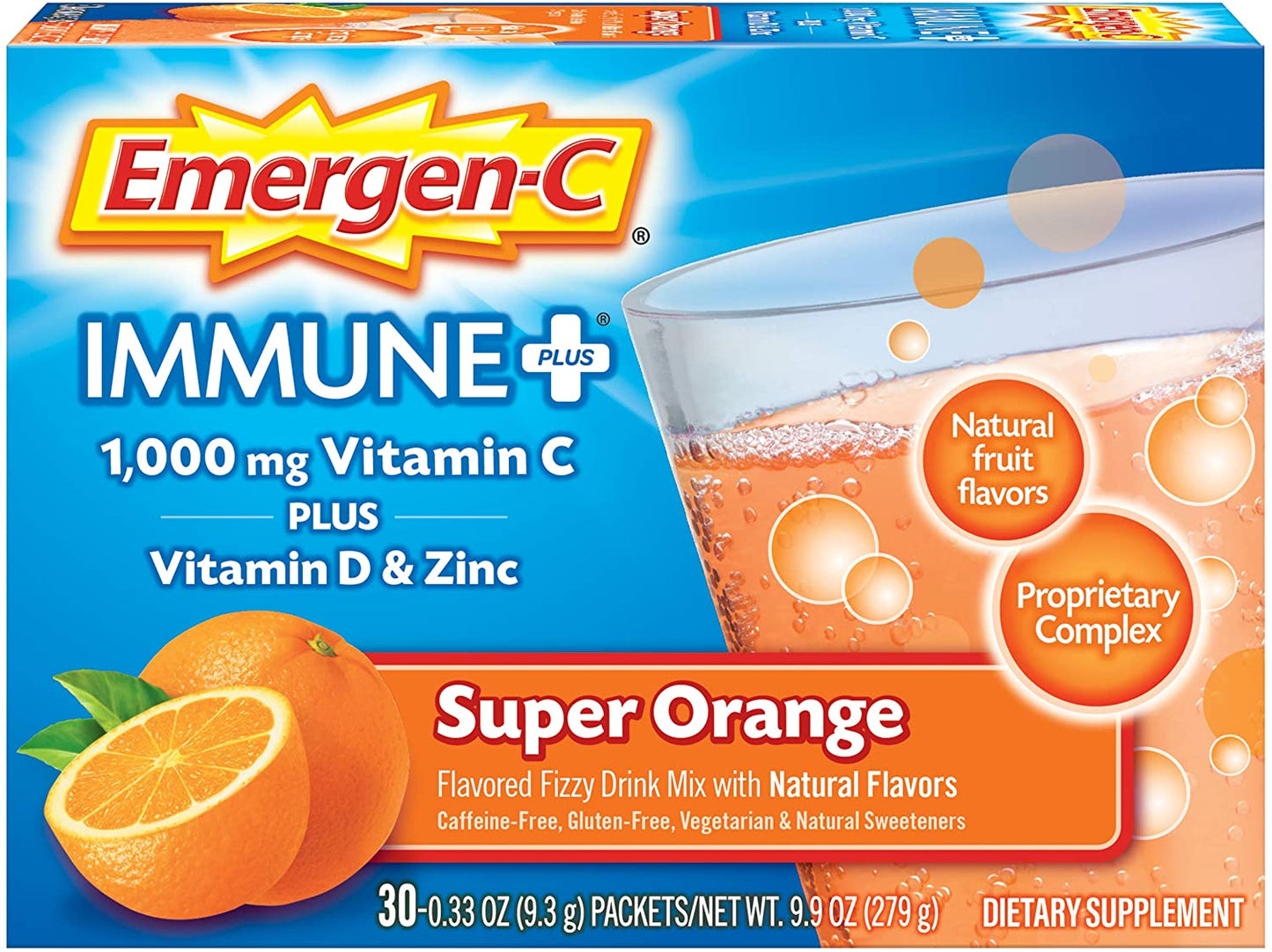 Emergen-C Immune+ 1000mg Vitamin C + Vitamin D & Zinc, Triple Action Formula, Super Orange Flavor, 30 Packets