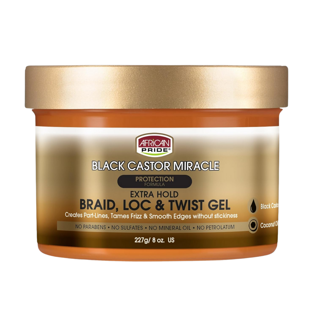 African Pride Black Castor Miracle Extra Hold Braid, Loc & Twist Gel, 227 g / 8 oz