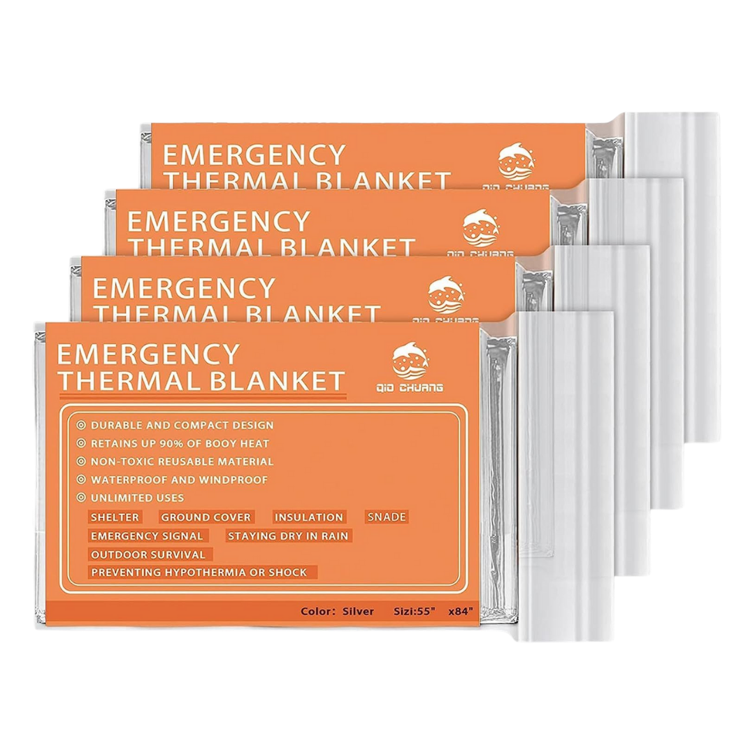QIO CHUANG Emergency Mylar Thermal Blankets 55" x 84" Silver, 4 Pack