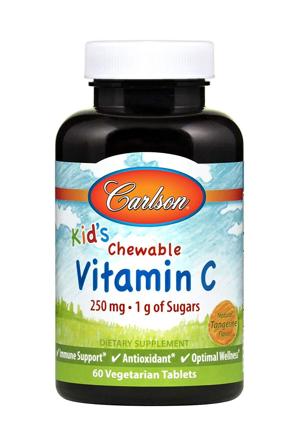 Carlson Kid's Chewable Vitamin C, 250 mg Natural Tangerine Flavor 60 Vegetarian Tablets Immune Support