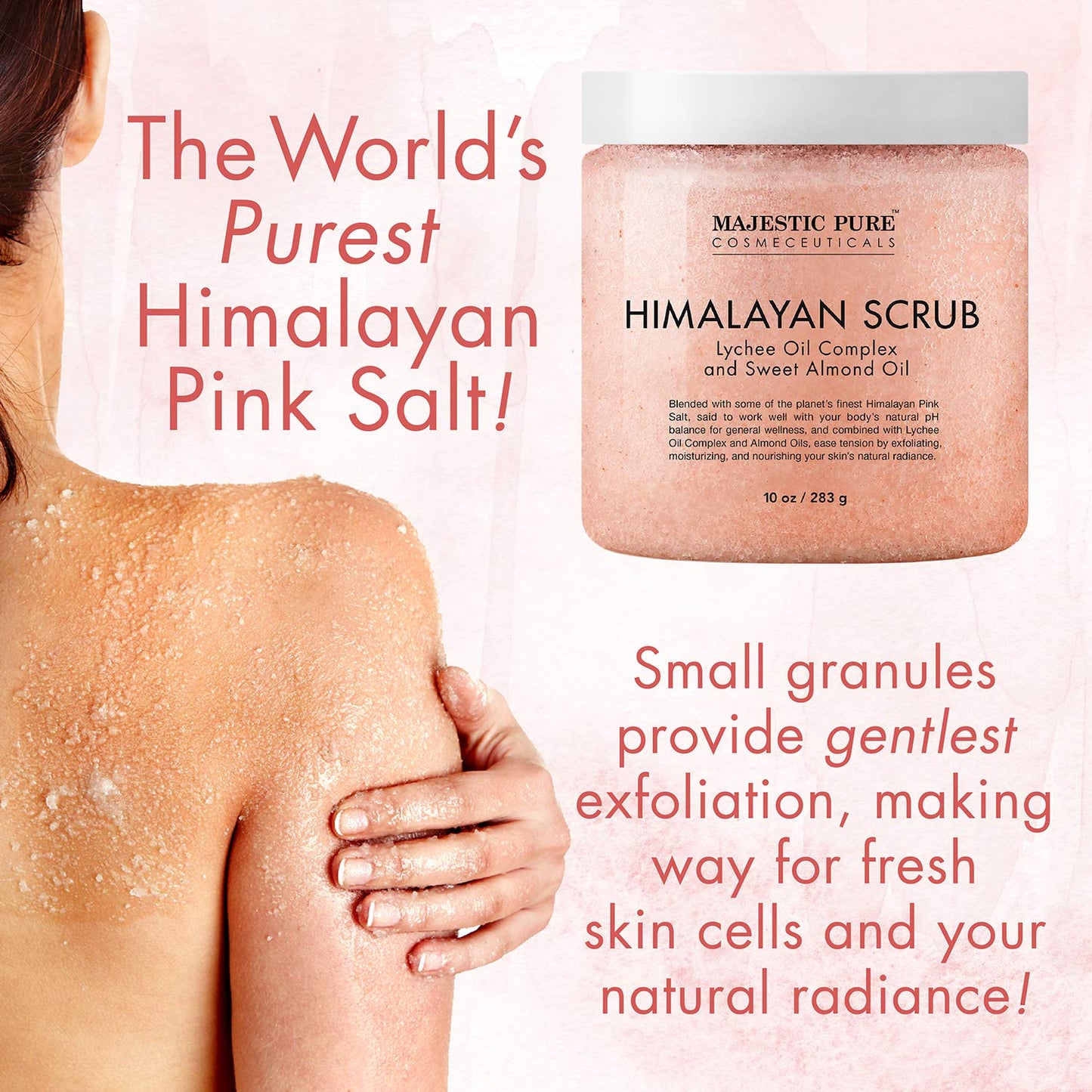 Majestic Pure 100% Pure & Natural Himalayan Salt Scrub with Lychee Fruit Essential Oil & Sweet Almond Oil, 10 oz. / 283g