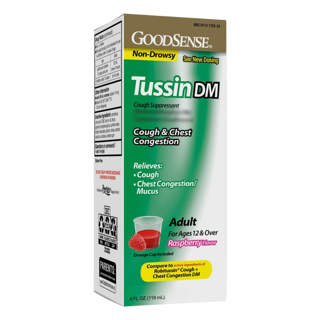 GoodSense Tussin Syrup DM Congestion Relief Raspberry Flavor 4 fl oz / 118ml