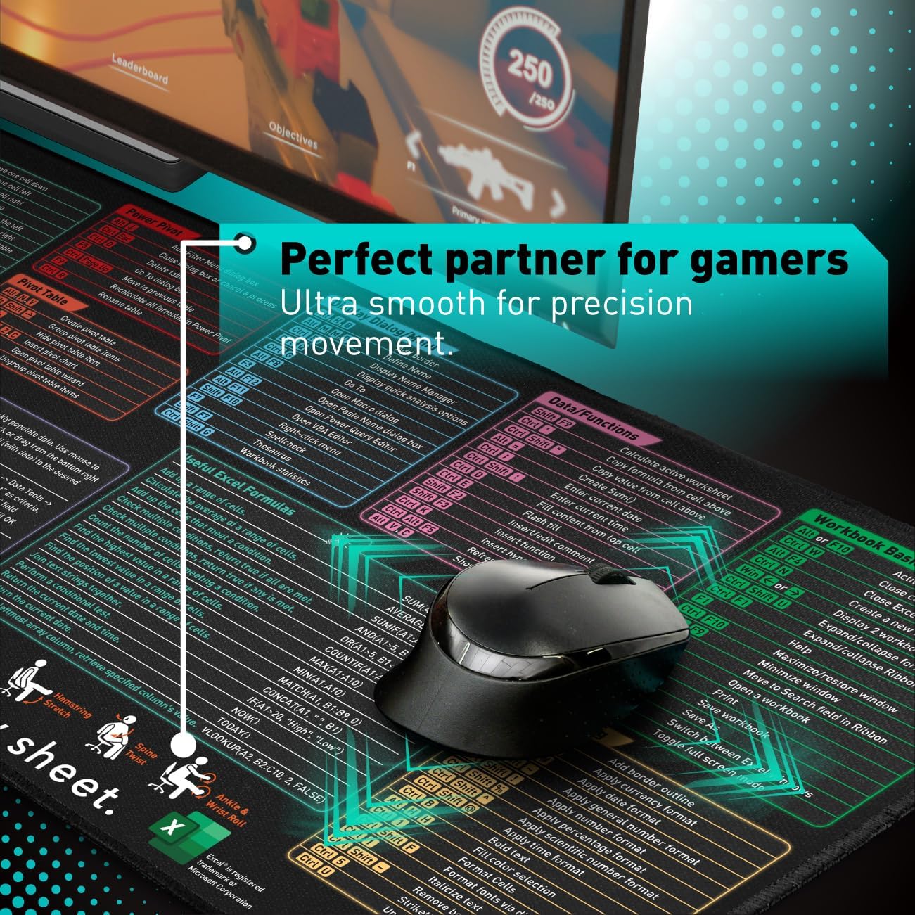 PixieCube Excel Shortcuts Mouse Pad XL Size, 80 x 30 cm