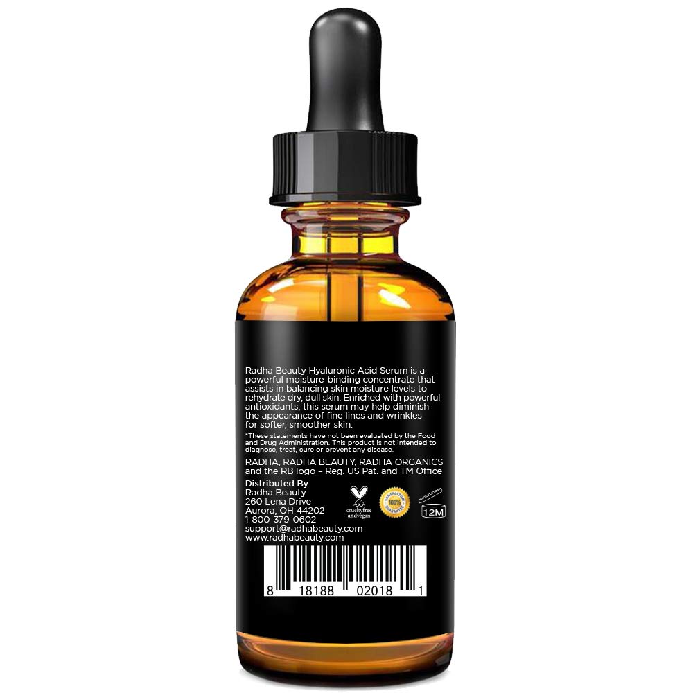 Radha Beauty Hyaluronic Acid Serum Infused with Vitamin C & E, Green Tea & Jojoba Oil, 2 fl.oz / 60ml