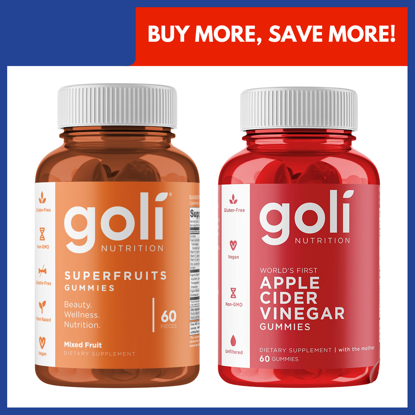 Goli 2 Pack BUNDLE Superfruits & Apple Cider Vinegar Gummy Mixed Berries 60 Gummies