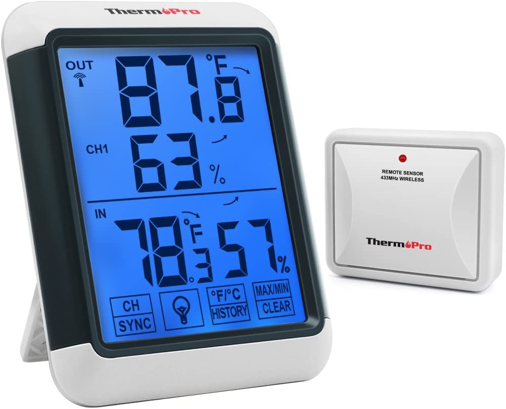 ThermoPro (TP65) Indoor Outdoor Thermometer Digital Wireless Hygrometer Touchscreen, 1 Count
