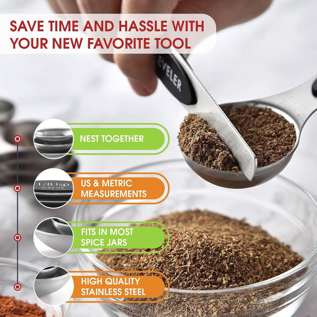 Spring Chef Magnetic Measuring Spoons Set of 8 With Leveler, Black