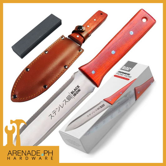 Black Iron Hori Hori Garden Knife 7 Inches, Japan Stainless Steel, With Leather Sheath