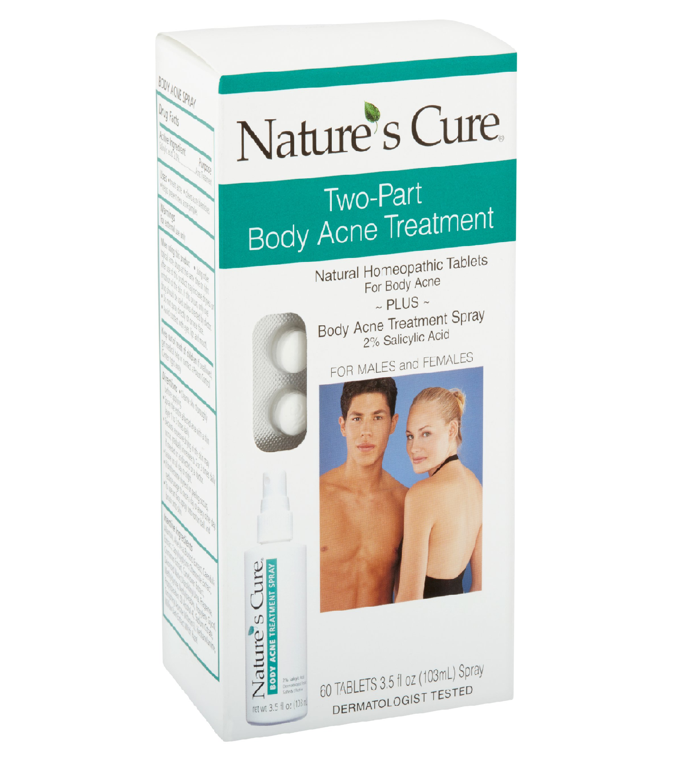 Nature's Cure Two-Part Body Acne Treatment 60 Tablets 3.5 fl oz / 103 ml Spray