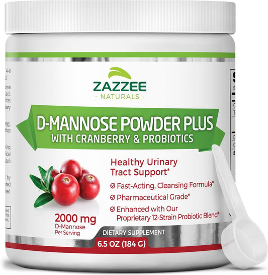 Zazzee D-Mannose Powder Plus with Cranberry & Probiotics 2000 mg, 184 g / 6.5 oz.