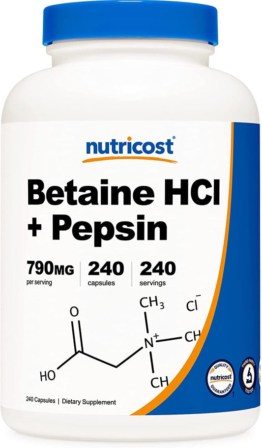 Nutricost Betaine HCl + Pepsin 790mg Dietary Supplement 240 Capsules