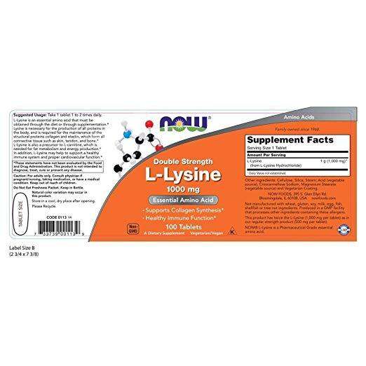 NOW Double Strength L-Lysine 1000 mg, 100 Tablets