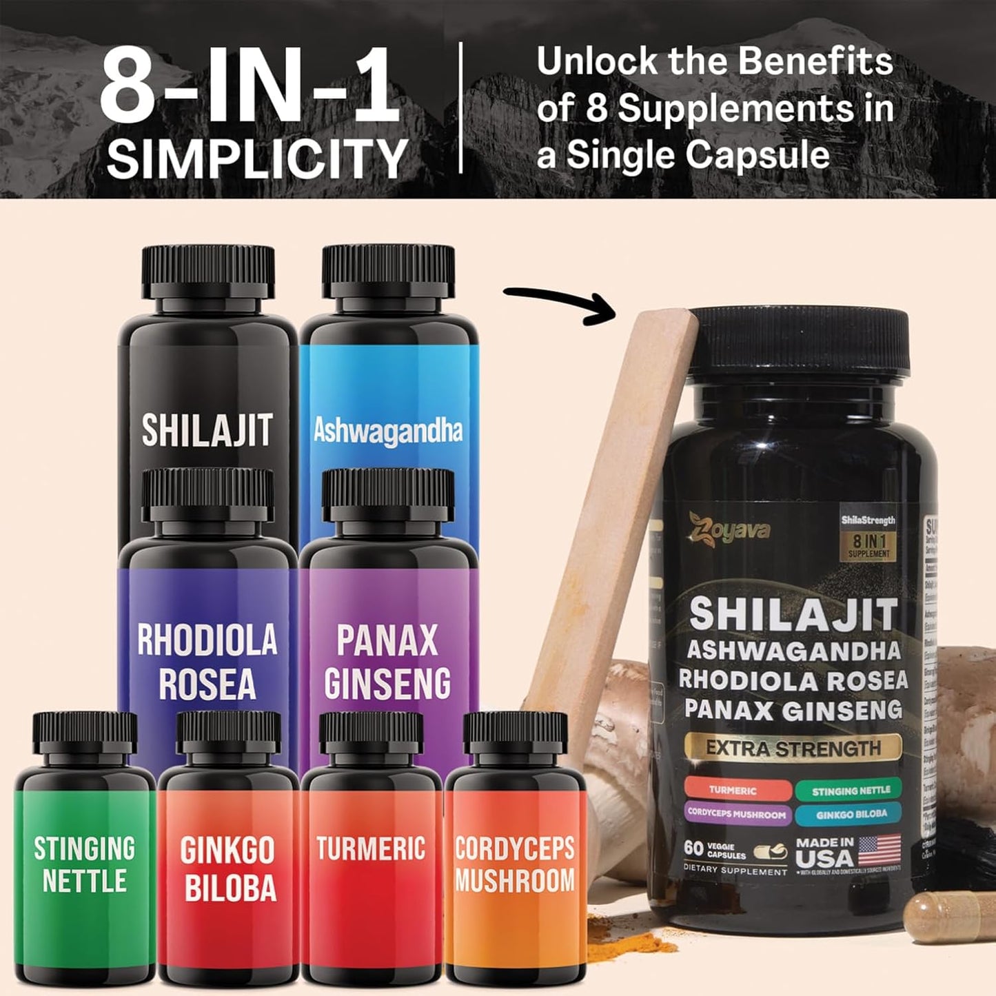 Zoyava Shilajit Ashwagandha Rhodiola Rosea Panax Ginseng Supplement 60 Veggie Capsules