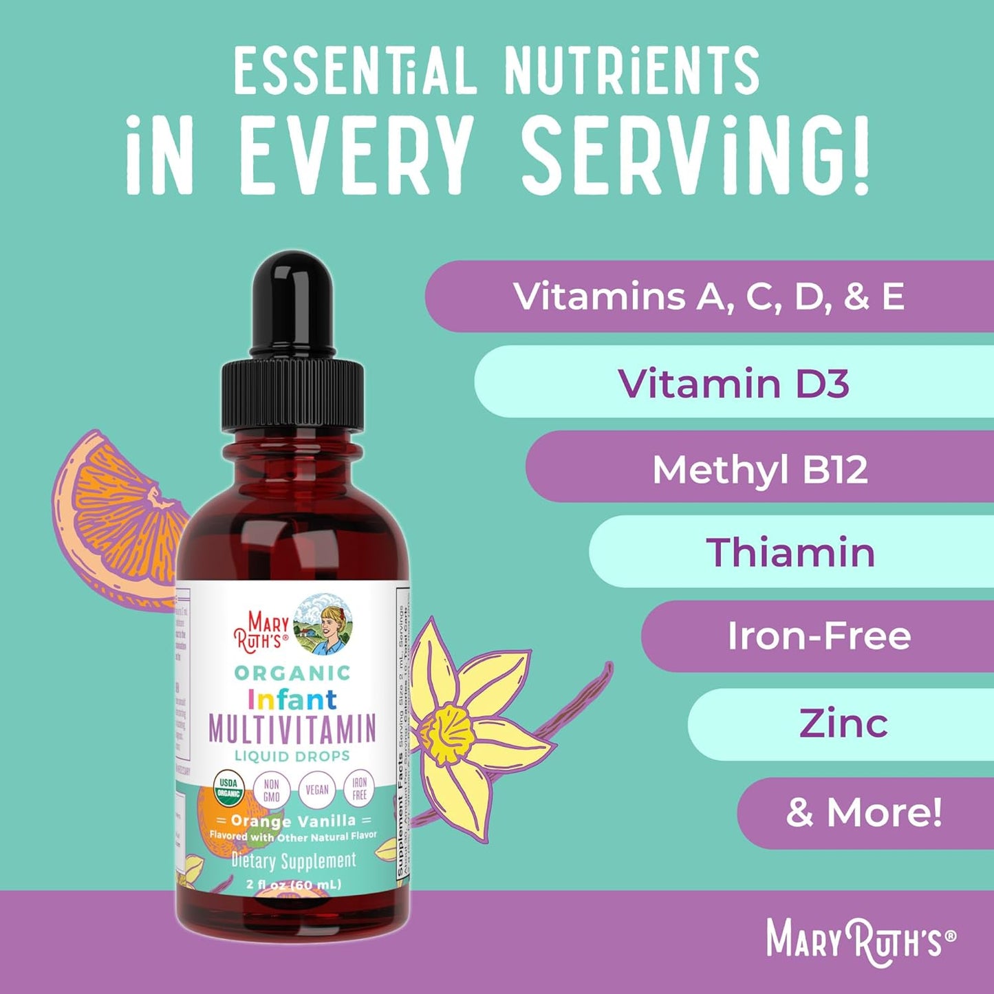 Mary Ruth's Organic Iron Free Infant Multivitamin for Overall Health Orange Vanilla, 60 ml / 2 fl oz