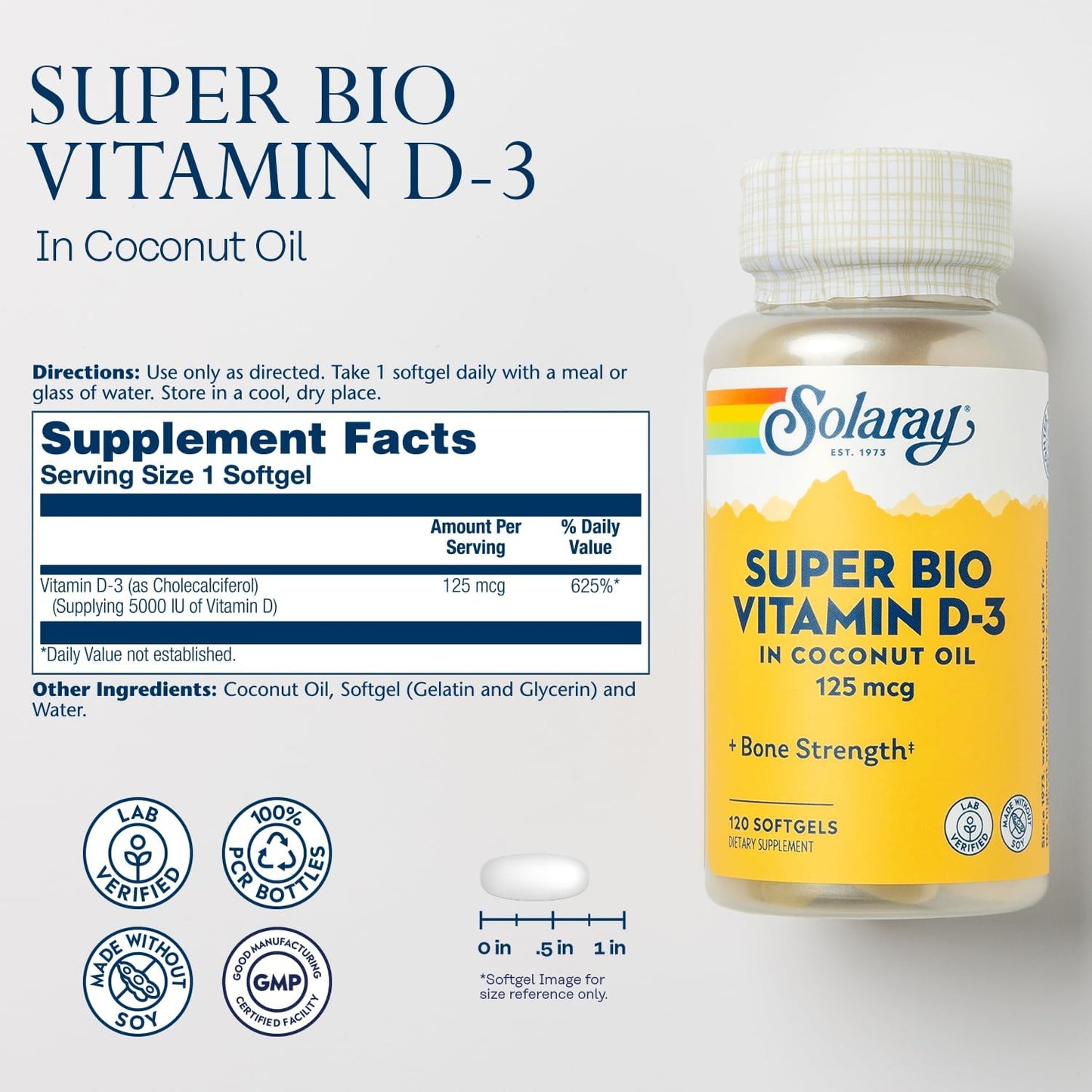 Solaray Super Bio Vitamin D-3 in Coconut Oil 125mcg Bone Strength (120 Softgels)