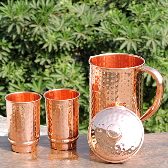 Health Goods In Pure Copper Hammered Water Jug, 2 Hammered Copper Tumblers, Copper Pitcher 1.5 L