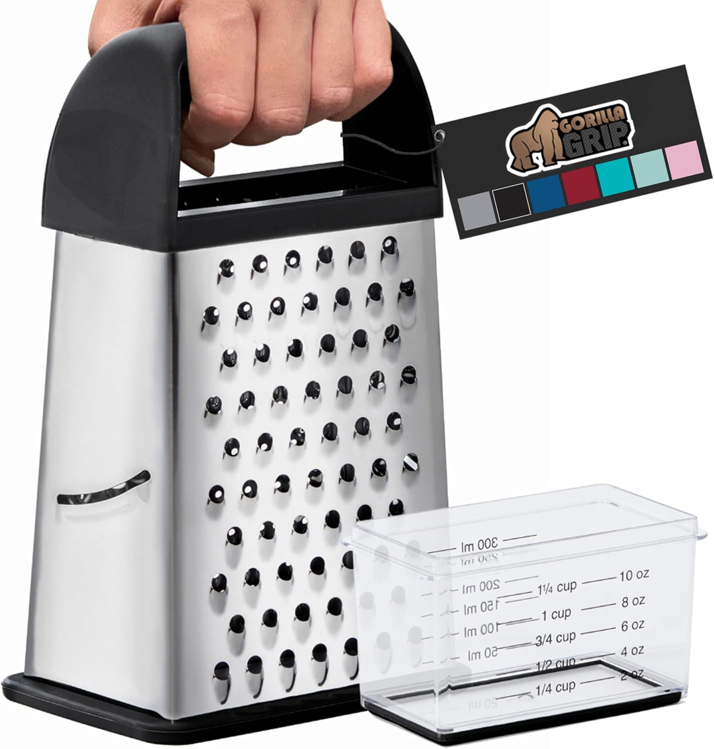 Gorilla Grip Box Grater 4 - Sided Cheese Grater With Container, Black