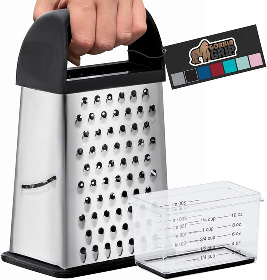 Gorilla Grip Box Grater 4 - Sided Cheese Grater With Container, Black
