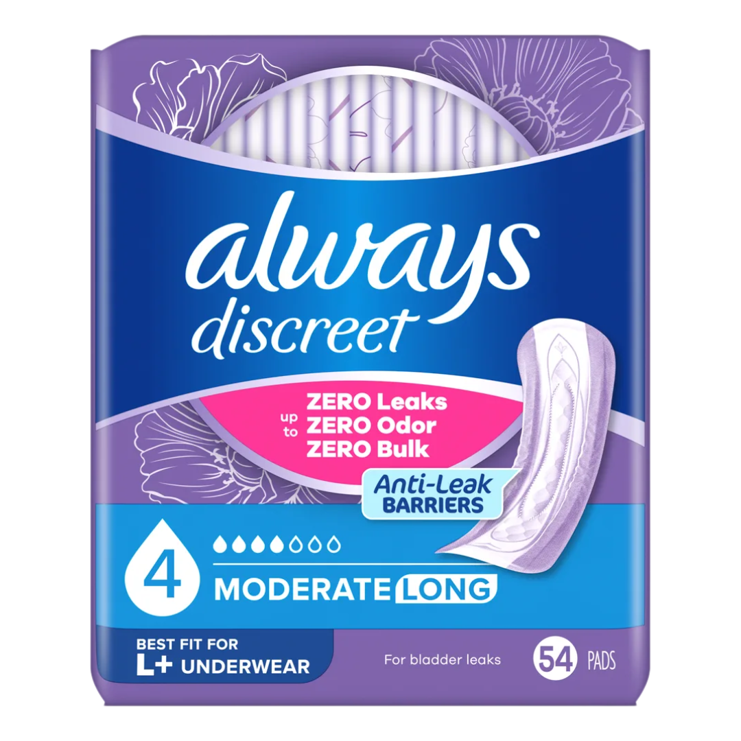 Always Discreet Moderate Flow Long Pads, 54 Pads