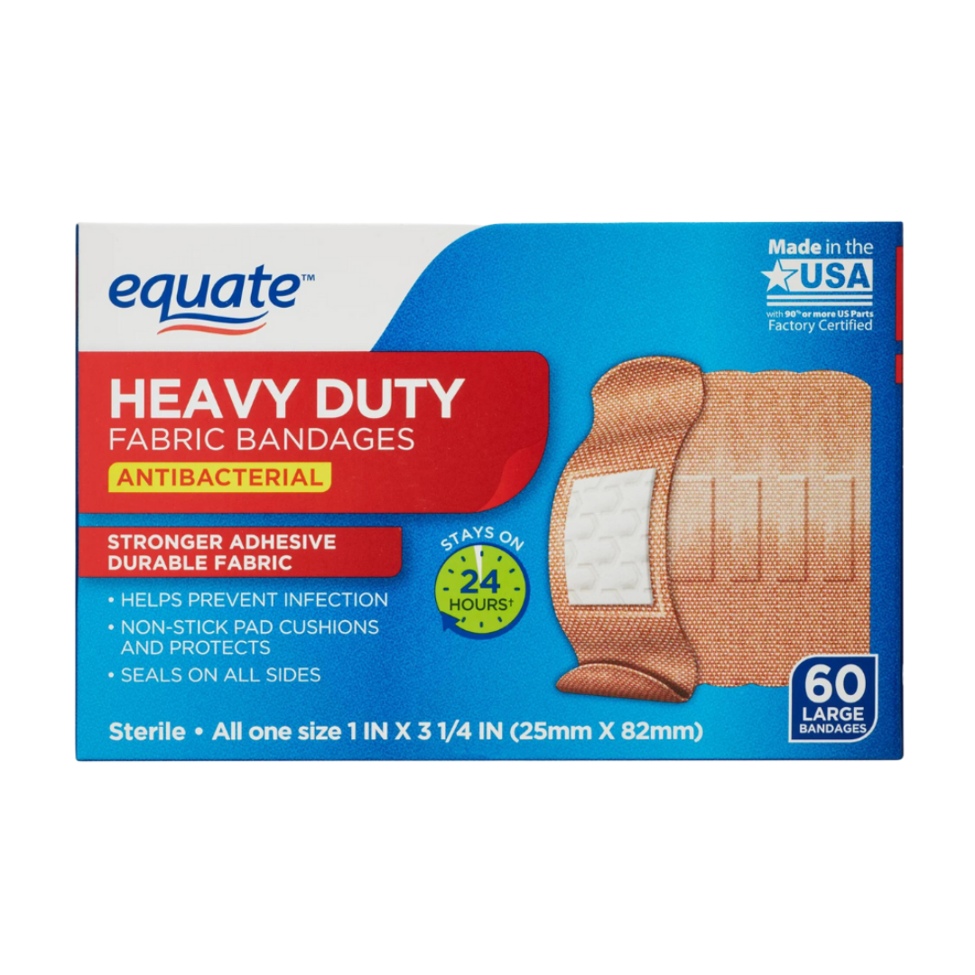 Equate Heavy Duty Bandages Antibacterial Strong Adhesive Durable Fabric 60 Bandages 1"x3 1/4"