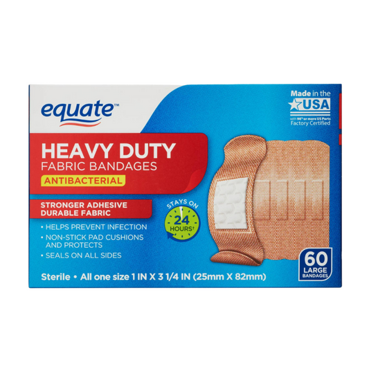 Equate Heavy Duty Bandages Antibacterial Strong Adhesive Durable Fabric 60 Bandages 1"x3 1/4"