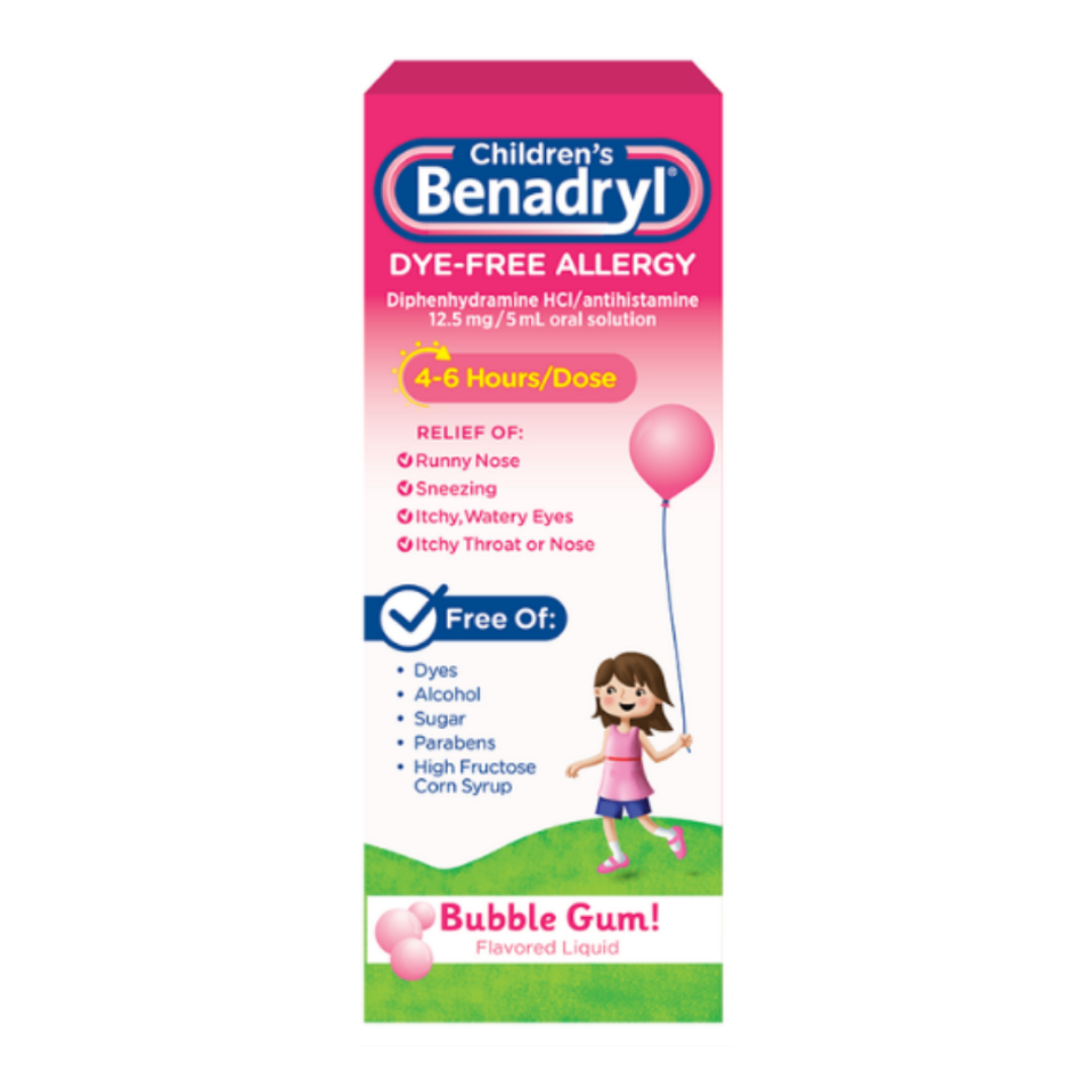 Children's Benadryl Dye-Free Allergy Liquid 12.5 mg Bubble Gum Flavored, 4 fl.oz / 118 ml
