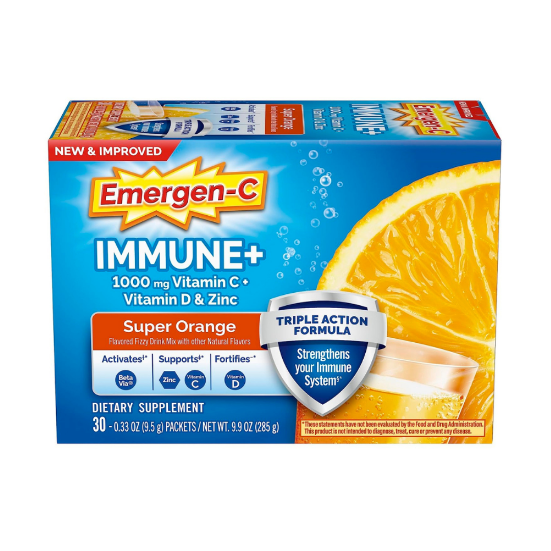 Emergen-C Immune+ 1000mg Vitamin C + Vitamin D & Zinc, Triple Action Formula, Super Orange Flavor, 30 Packets