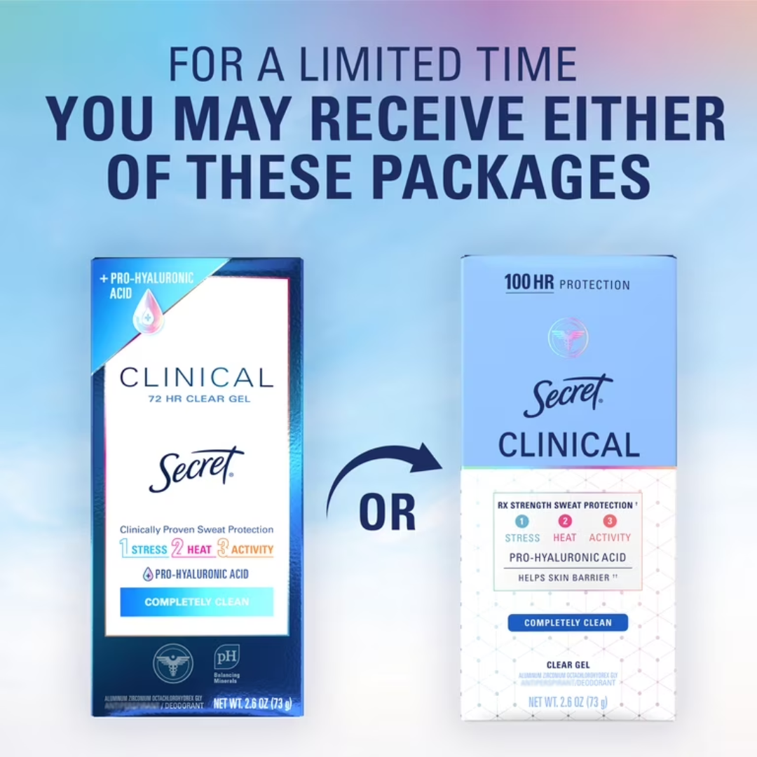 Secret Clinical+ Strength Completely Clean, 48 HR Clear Gel Deodorant for Women, 2.6 oz. / 73g