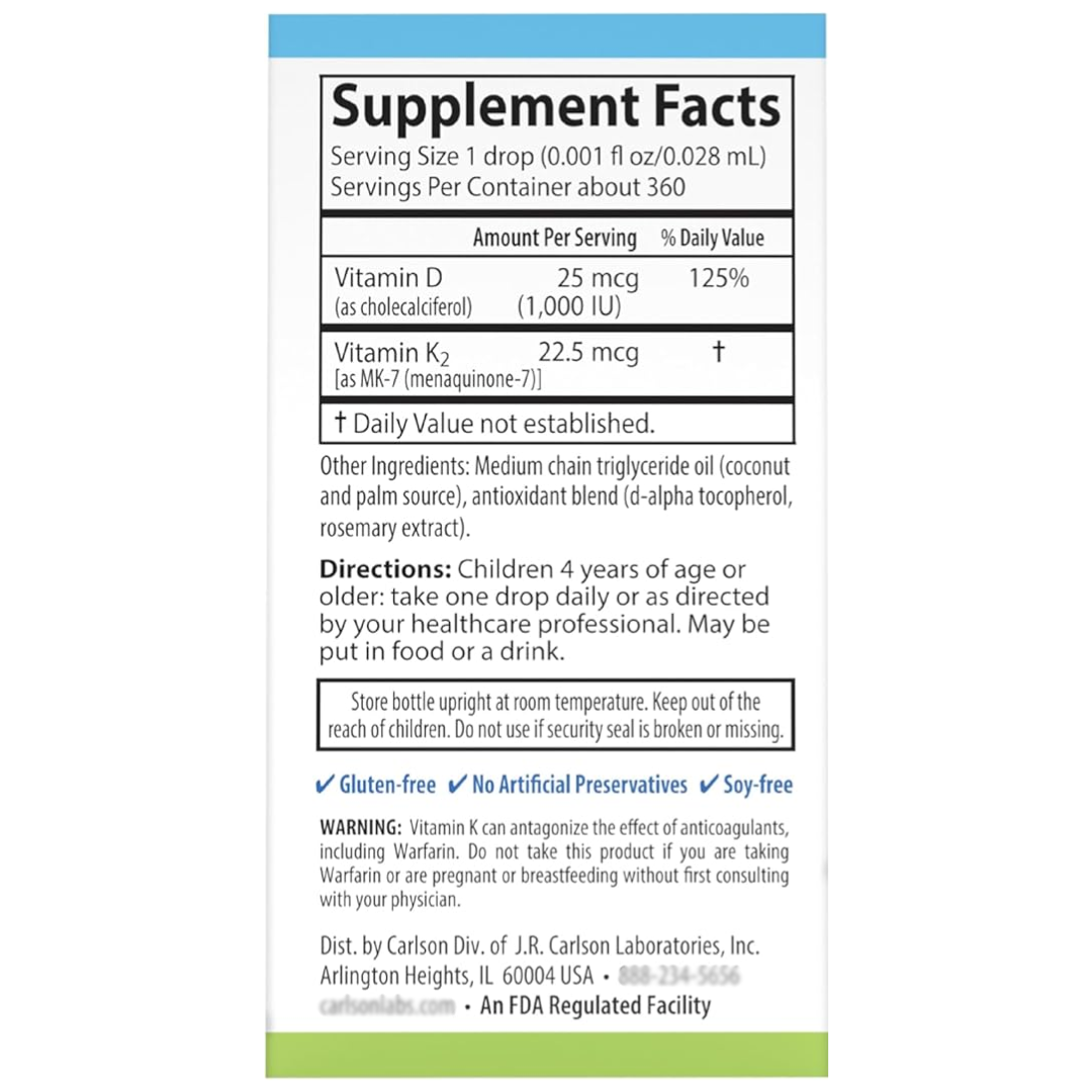 Carlson Kid's Super Daily D3 + K2 1,000 IU 360 drops 0.34 fl oz / 10.16 mL
