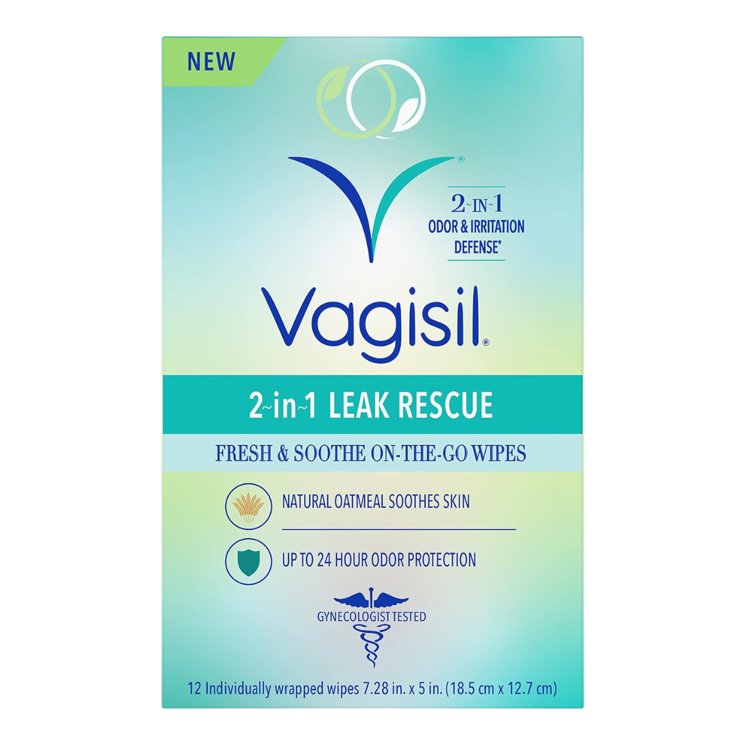 Vagisil 2 in 1 Leak Rescue Fresh & Soothe On The Go Wipes 12 Count (18.5cm x 12.7cm)