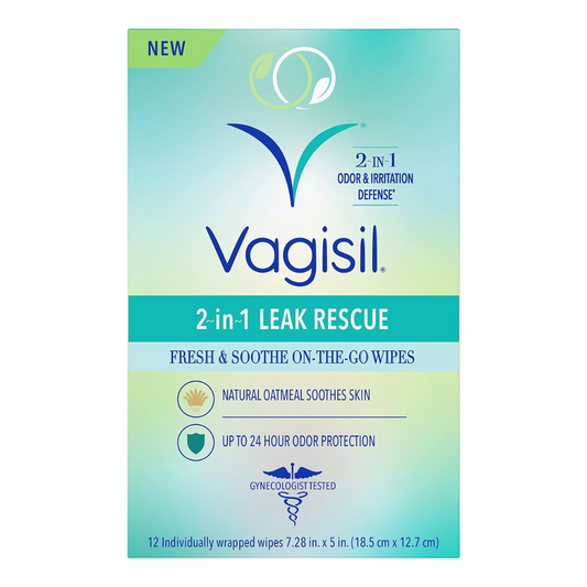 Vagisil 2 in 1 Leak Rescue Fresh & Soothe On The Go Wipes 12 Count (18.5cm x 12.7cm)