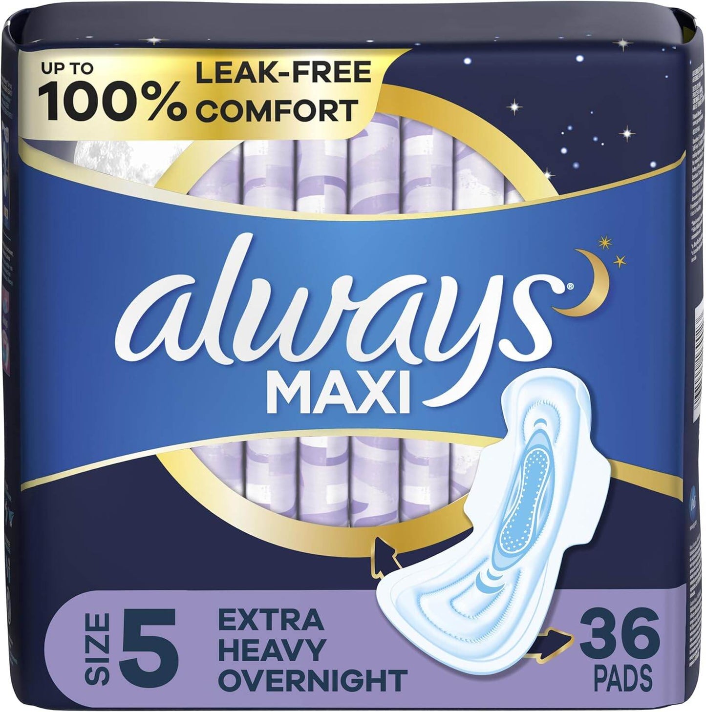 Always Maxi Extra Heavy Overnight Size 5 Pads with Flexi Wings, 36 Pads