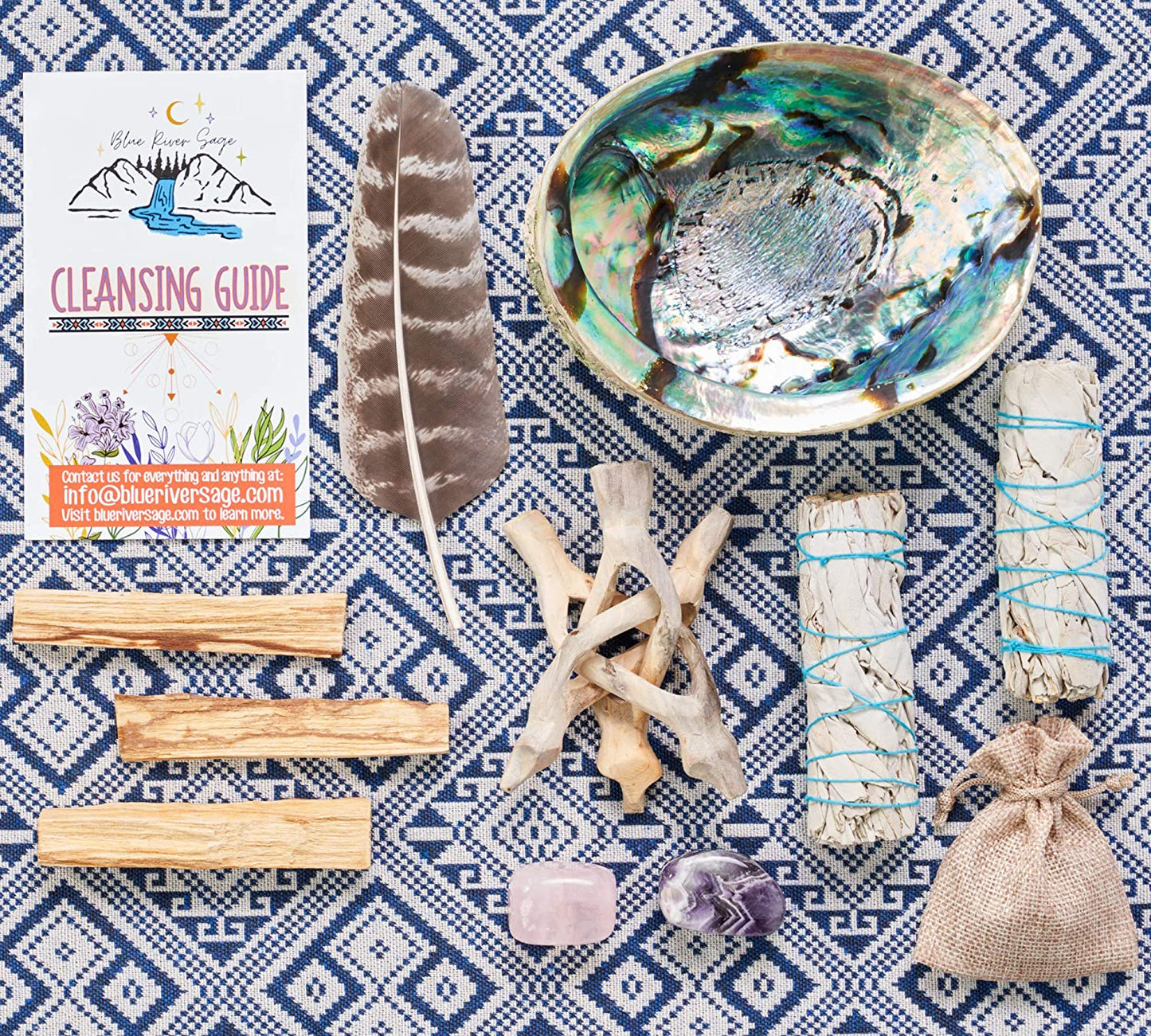 Blue River Sage Home Cleansing & Smudging Kit with White Sage, Palo Santo, Abalone & Stand, Smudge Feather & Guide