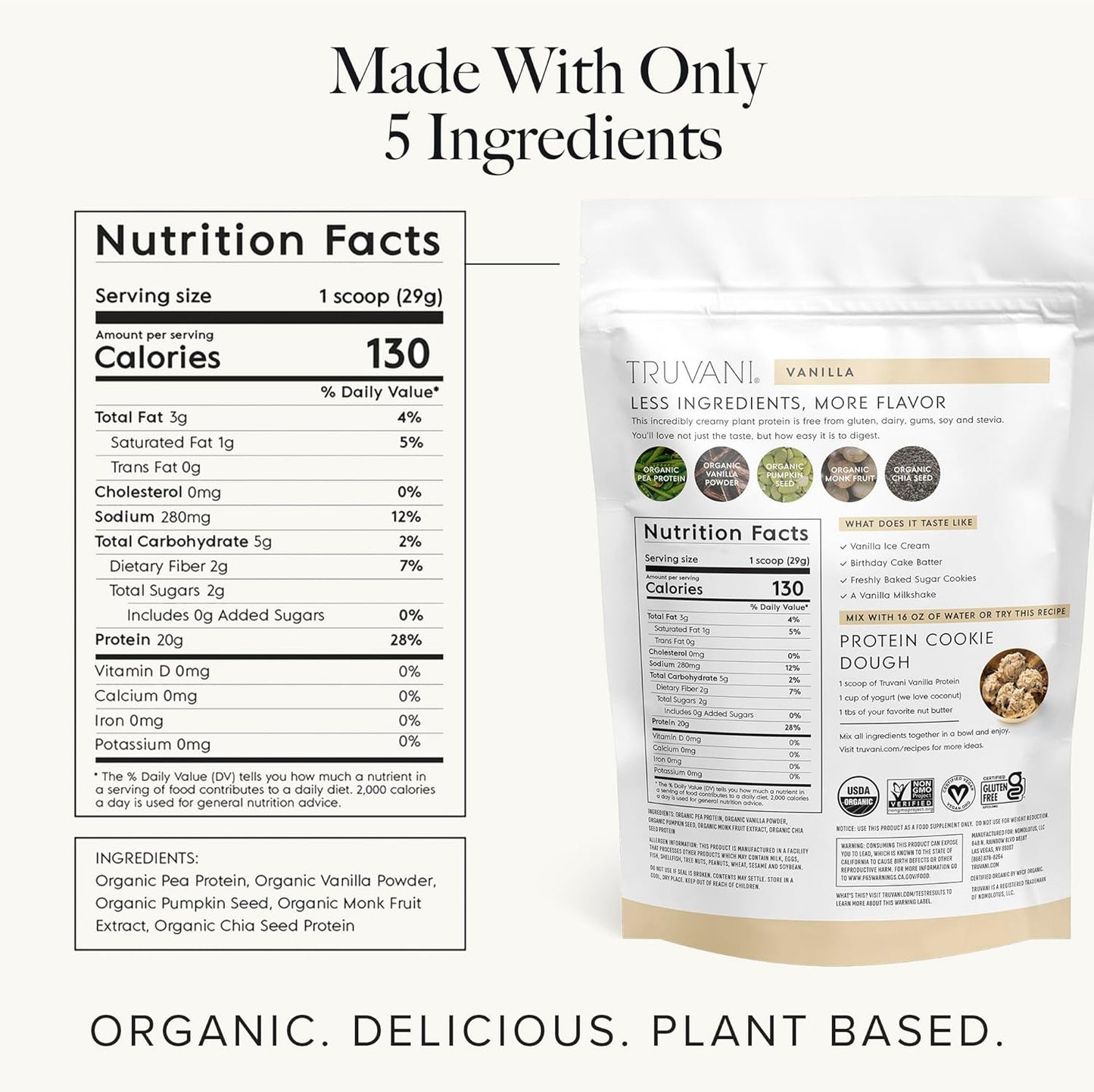 Truvani Organic Plant Based Protein Vanilla Flavor, 594 g / 20.95 oz