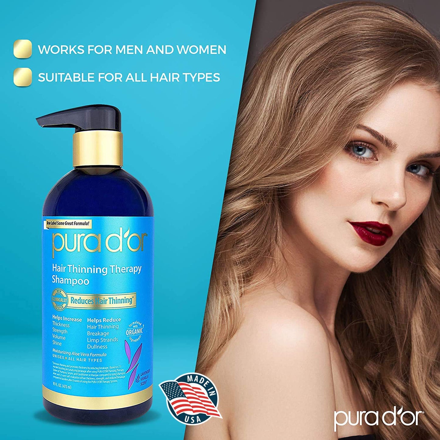 PURA D'OR Biotin Shampoo Imported from the USA VANILLA LAVENDER Scent (16 oz) w/Argan Oil